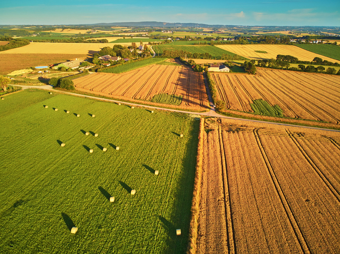 Aerial view of farmland and agricultural fields